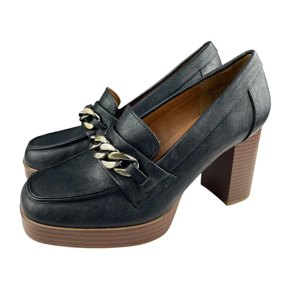White Mountain Women's Manning Heeled Loafers 8M Black Chain Chunky Platform Y2K